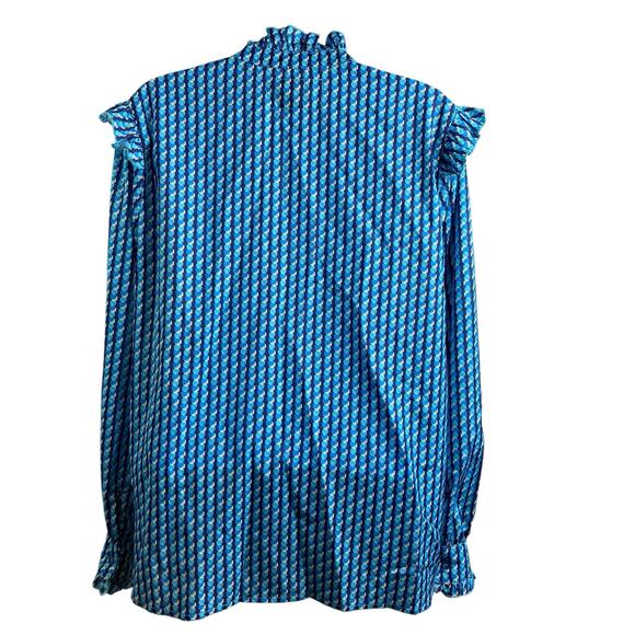 The Shirt Rochelle Behrens Blue Print Ruffled Blouse Size M Boho Fairy Victorian - Picture 2 of 12